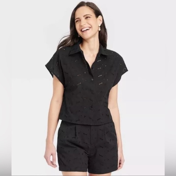 Black Eyelet Shirt and Short Set NWT - Picture 1 of 13